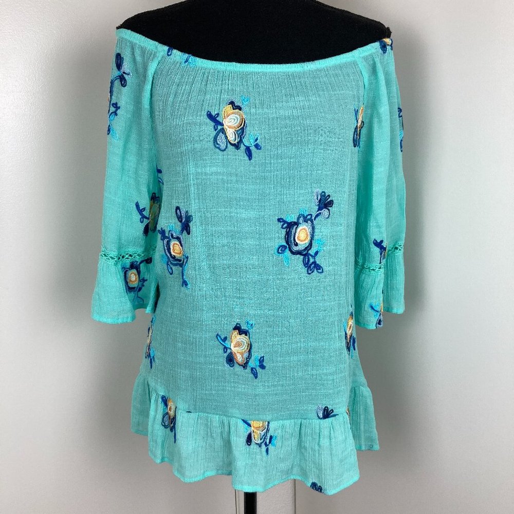 Women’s Off-Shoulder Embroidered Tunic Top - Aqua